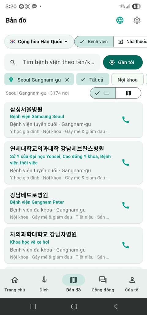 Màn hình tìm bệnh viện